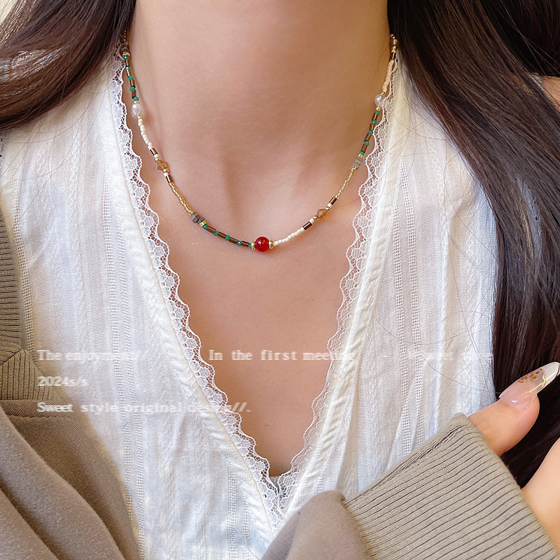 法式复古多巴胺串珠锁骨链