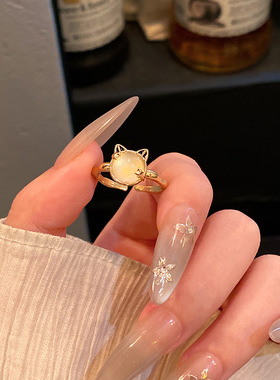 【饰全饰美】小红书同款猫眼石小猫咪开口戒指女学生可爱百搭气质
