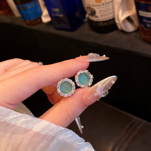 新中式祖母绿玉髓耳钉女