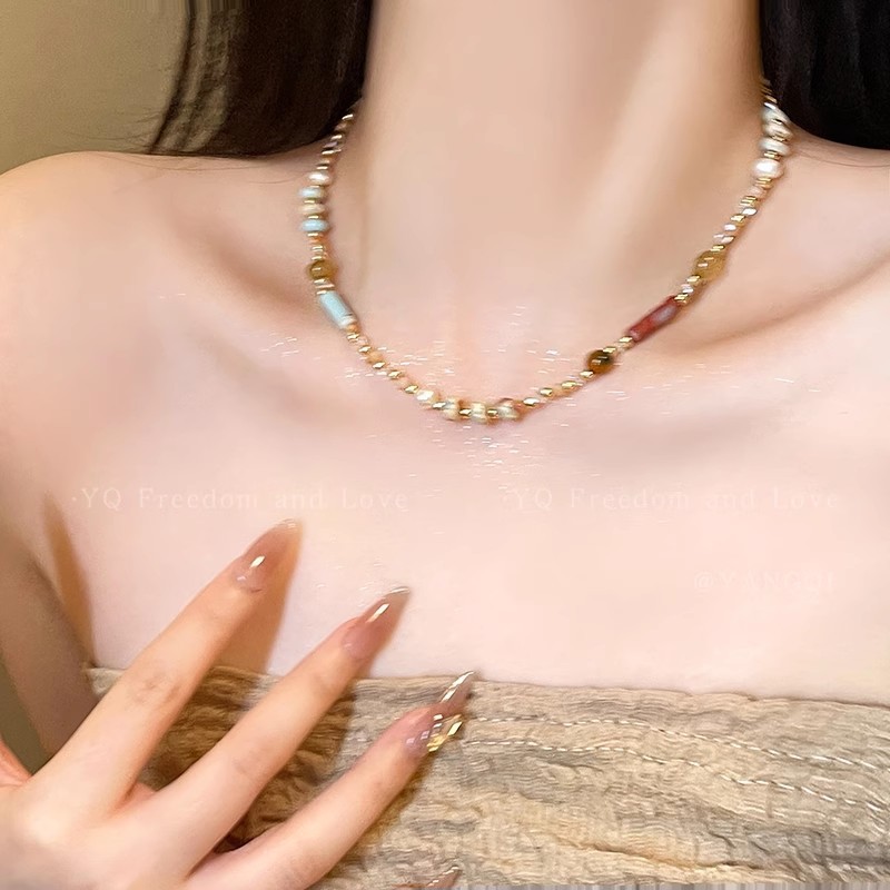 甜美多巴胺米珠珍珠圆柱串珠项链时尚气质小众锁骨链个性百搭颈链