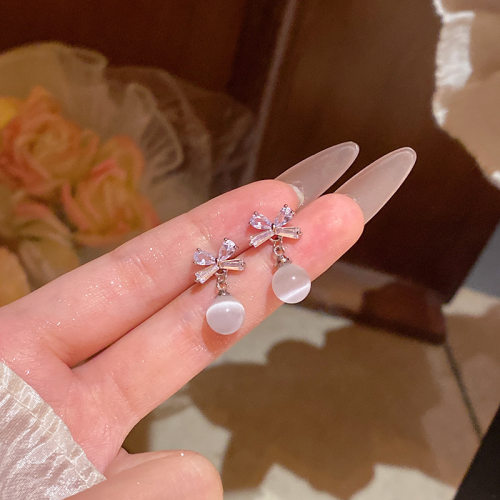 【饰全饰美】S925银针精致蝴蝶结锆石耳钉女轻奢高级感猫眼石耳钉