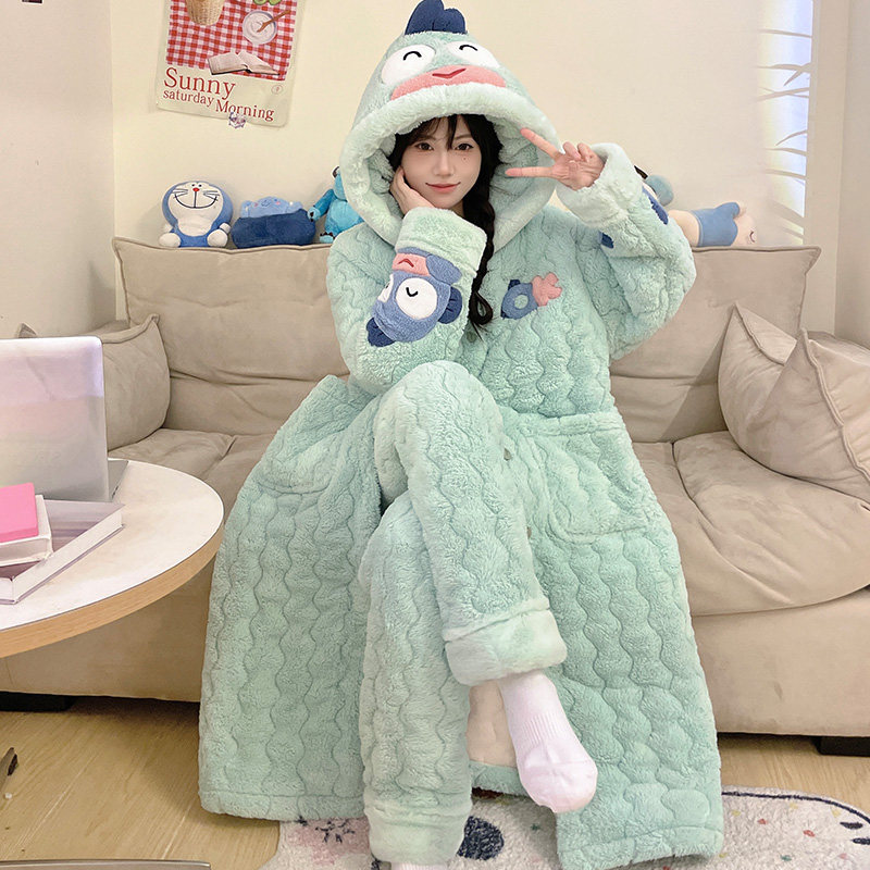 珊瑚绒三层夹棉睡袍女秋冬季加绒加厚可爱丑鱼睡衣浴袍冬天家居服