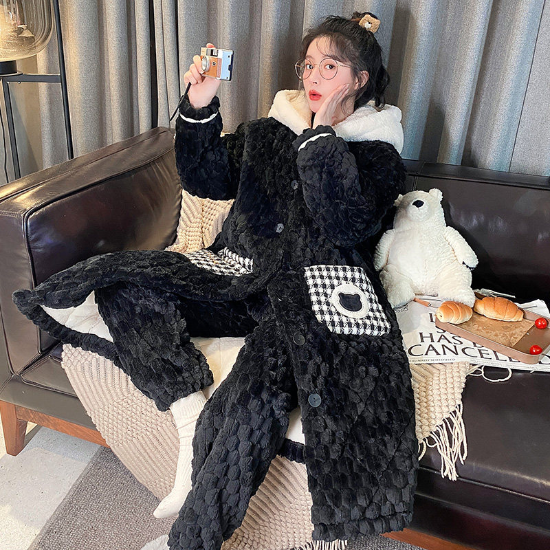 CORAL VELVET THREE-LAYER PADDED NIGHTGOWN WOMENS WINTER 2022 NEW INTERNET CELEBRITY WEARABLE HOODED PAJAMAS LOUNGEWEAR SET