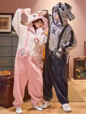 Coral velvet couple one-piece pajamas women's autumn and winter padded velvet cute flannel men's large size home wear