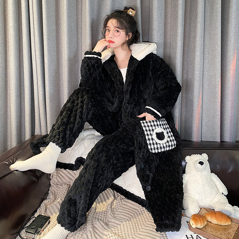 CORAL VELVET THREE-LAYER PADDED NIGHTGOWN WOMENS WINTER 2022 NEW INTERNET CELEBRITY WEARABLE HOODED PAJAMAS LOUNGEWEAR SET
