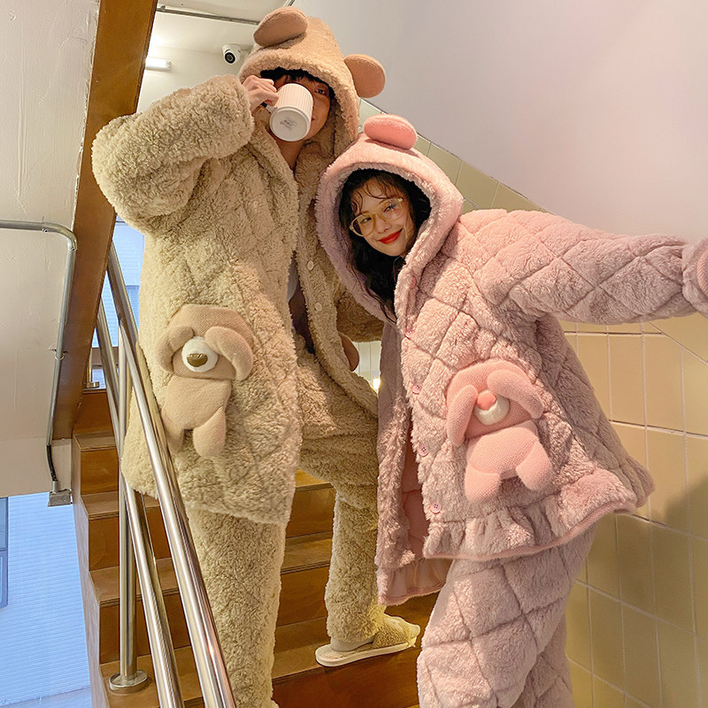 情侣睡衣女冬季珊瑚绒三层夹棉加厚加绒法兰绒冬款男士家居服套装