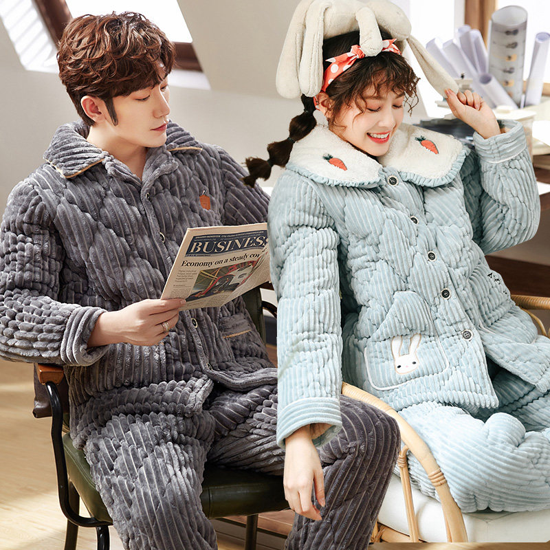 珊瑚绒情侣睡衣女秋冬季款三层夹棉长袖加厚套装男士法兰绒家居服