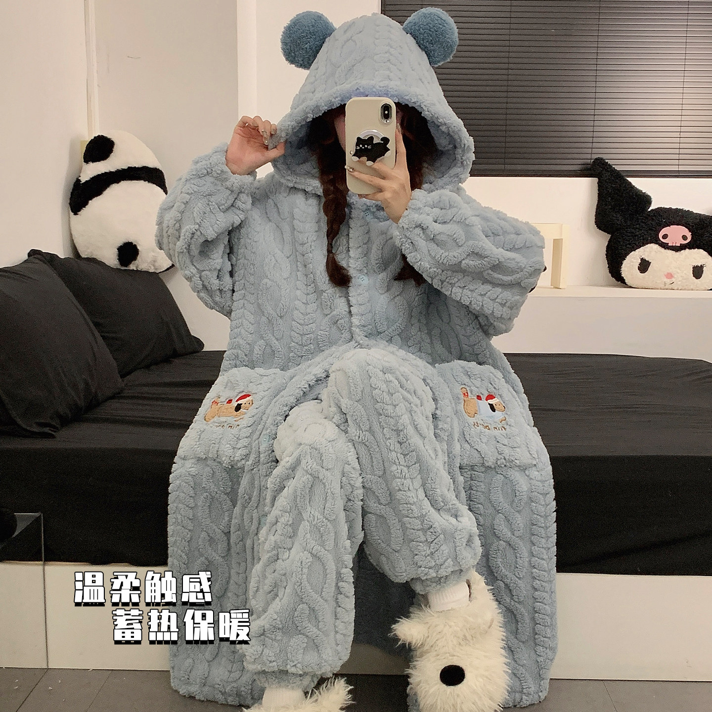 睡衣女款珊瑚绒毛茸茸秋冬季法兰绒加绒加厚腊肠狗睡袍家居服冬天