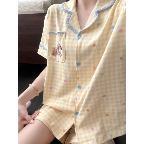 格子腊肠狗睡衣女夏季纯棉家居服