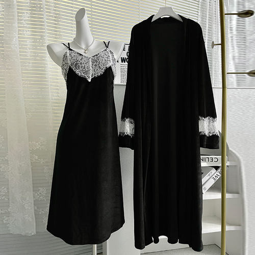 金丝绒睡衣女2025年秋冬季中长款睡袍性感蕾丝带胸垫美背睡裙套装