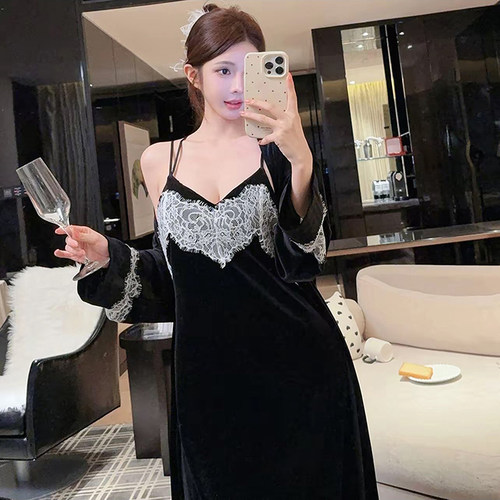 金丝绒睡衣女秋冬2025新款中长款睡袍性感蕾丝带胸垫美背睡裙套装