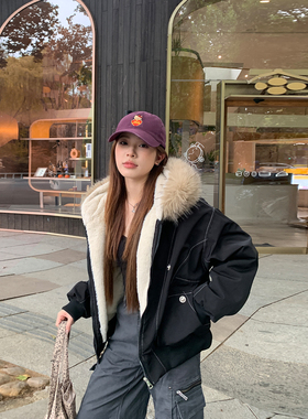 实拍派克服羽绒棉服女仿兔毛大毛领连帽棉衣2025冬外套保暖棉衣