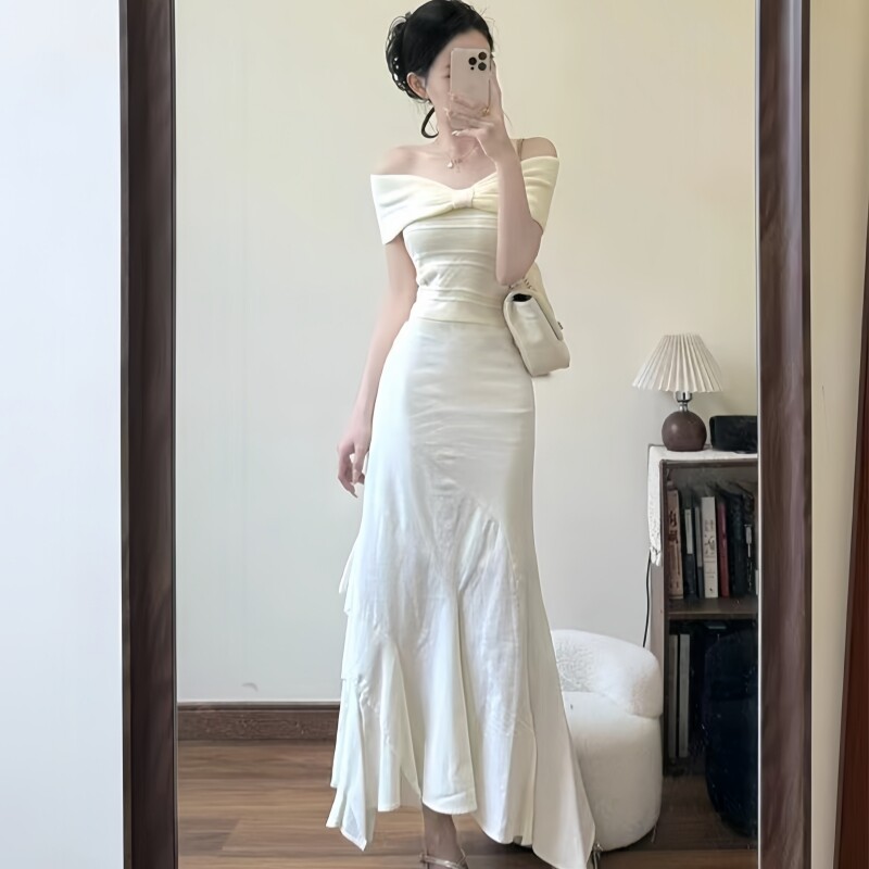 套装女2025夏新款温柔风一字肩蝴蝶结针织上衣半身包臀裙两件套潮