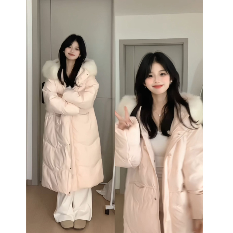 甜奶风中长款大衣棉服外套女冬季软糯大毛领连帽棉袄宽松显瘦棉衣