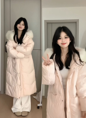甜奶风中长款大衣棉服外套女冬季软糯大毛领连帽棉袄宽松显瘦棉衣