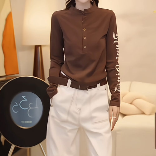 2026年早新款感字母印花长袖T恤女时尚百搭休闲显瘦上衣女0417k