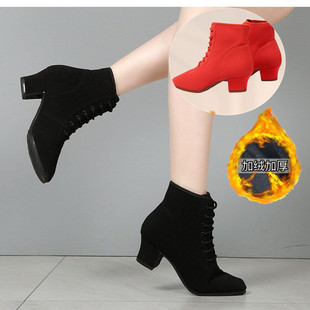 时尚短靴高帮舞蹈鞋软底女广场舞鞋牛津布黑色水兵舞交谊中跟红色