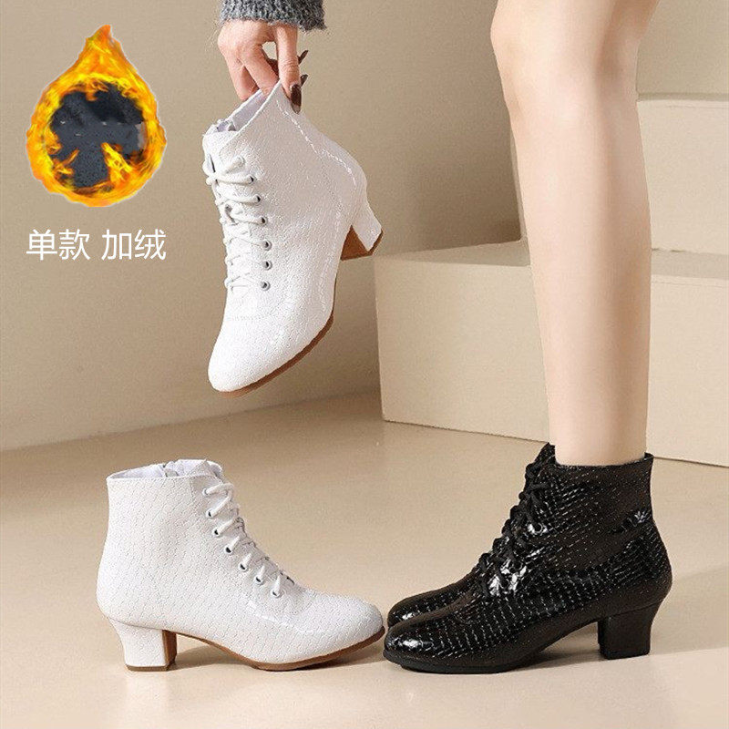 秋冬季高帮亮面加绒真皮女软底广场舞蹈鞋拉链交谊舞水兵舞靴中跟