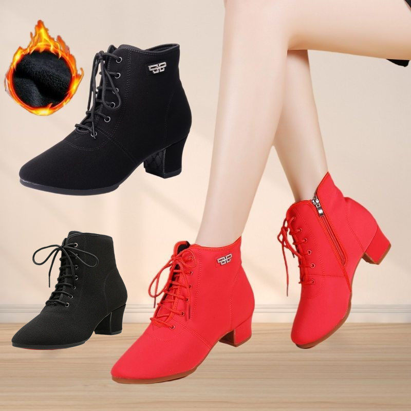 秋冬季高帮牛津布舞蹈鞋女软底广场舞鞋交谊水兵舞靴拉链加绒红色