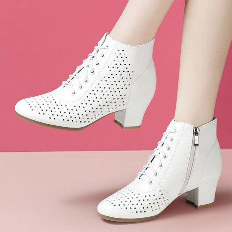 夏季时尚高帮拉链真皮舞蹈鞋女软底广场舞水兵舞靴白色打孔中跟鞋