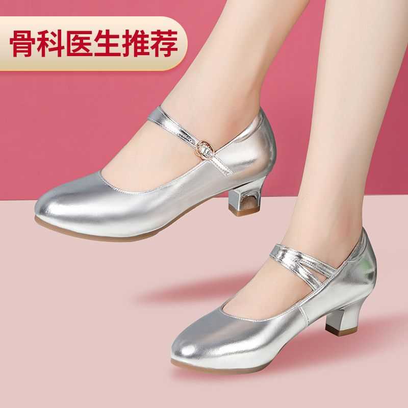 时尚真皮舞蹈鞋亮皮银色中跟外穿