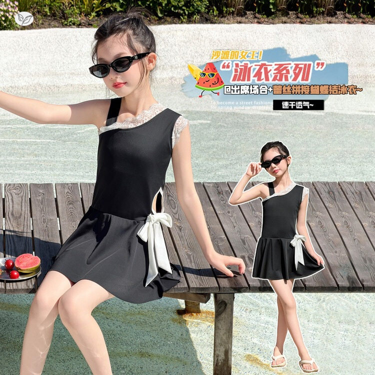 女童吊带蝴蝶结泳裙2026夏季新款中大童赫本风蕾丝花边泳衣游泳服