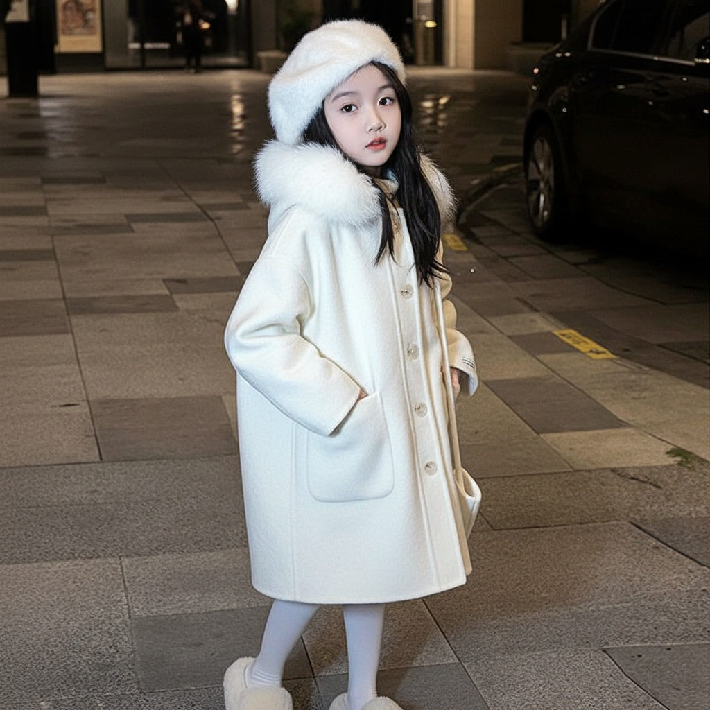 女童呢子大衣秋冬季2026新款儿童加绒毛领中长款毛呢外套女孩风衣