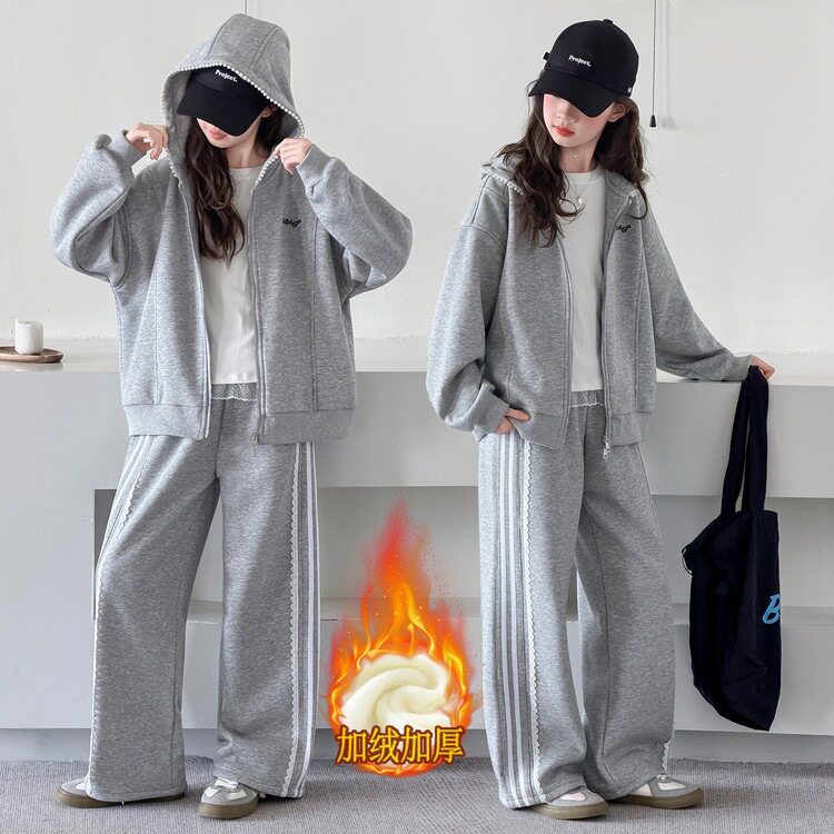 女童冬季新款奥利绒珍珠连帽卫衣卫裤套装中大童休闲外套阔腿裤潮
