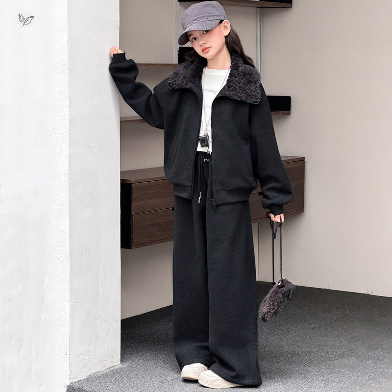 女童套装秋冬款2026新款儿童毛领连帽外套女大童加绒阔腿裤两件套