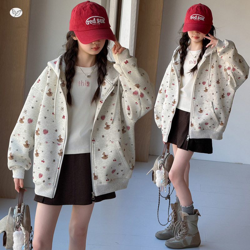 女童秋季新款甜美蝴蝶结卫衣外套百搭连帽宽松拉链上衣韩版棒球服