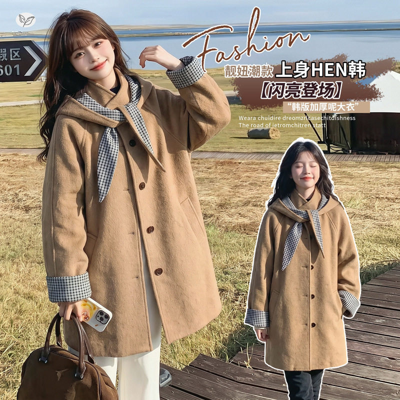 女童秋冬款加绒加厚美拉德色系加棉帽子呢大衣中大童复古英伦外套