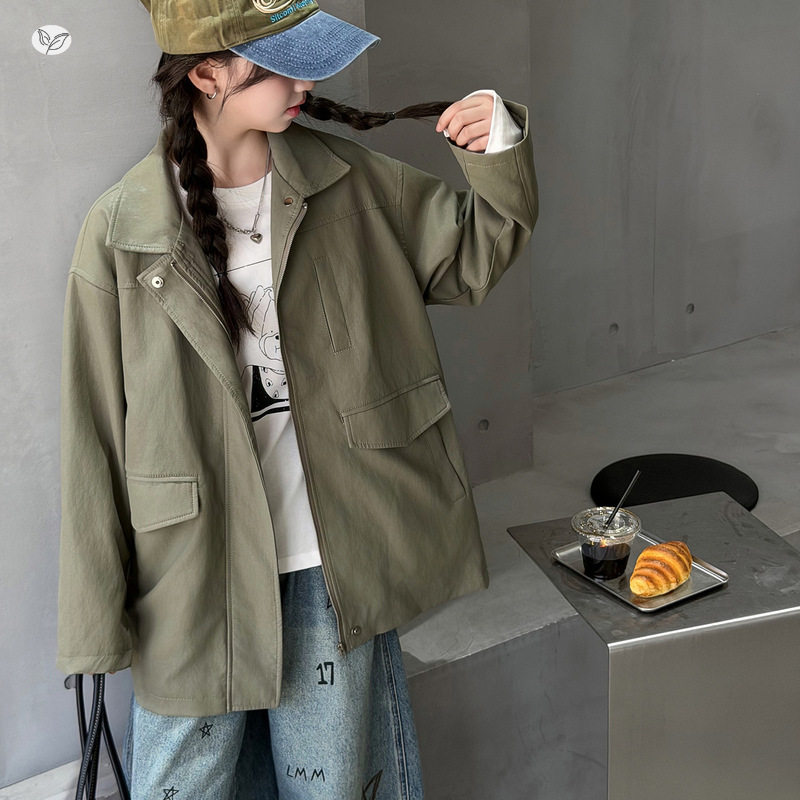 女童中长款风衣外套2026秋新款中大童翻领皮衣夹克衫儿童长袖开衫