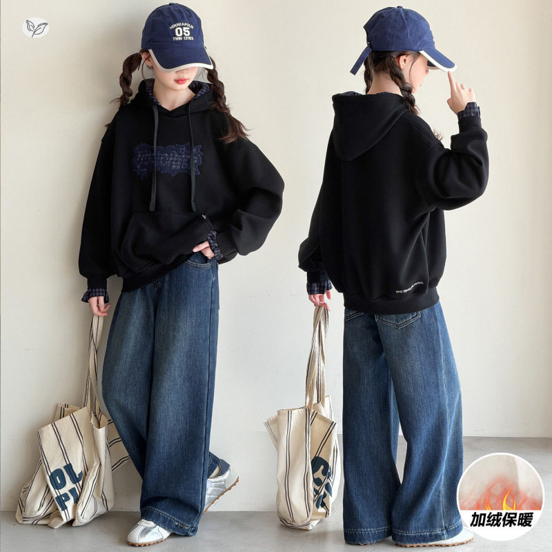 女童秋冬加绒休闲连帽卫衣中大童运动时尚格子拼套头打底卫衣潮范