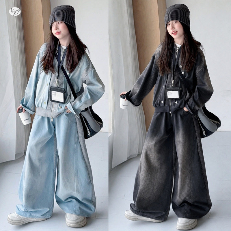 女童秋季新款韩版拼接牛仔服套装中大童翻领外套阔腿裤学生老爹裤