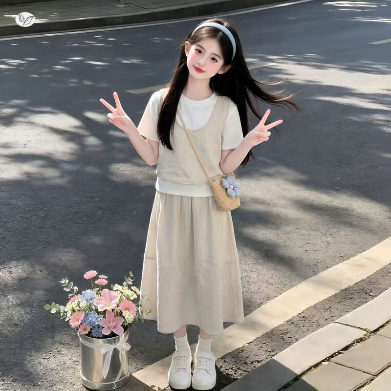 女童棉麻套装2026夏季新款中大童纯色马甲短袖半身裙文艺风三件套