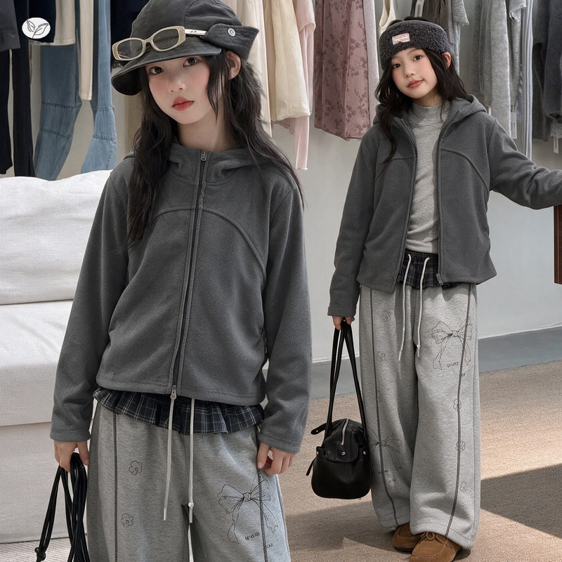 女童秋冬韩版洋气德绒套装2026新款大童保暖开衫屁帘裤宽松阔腿裤