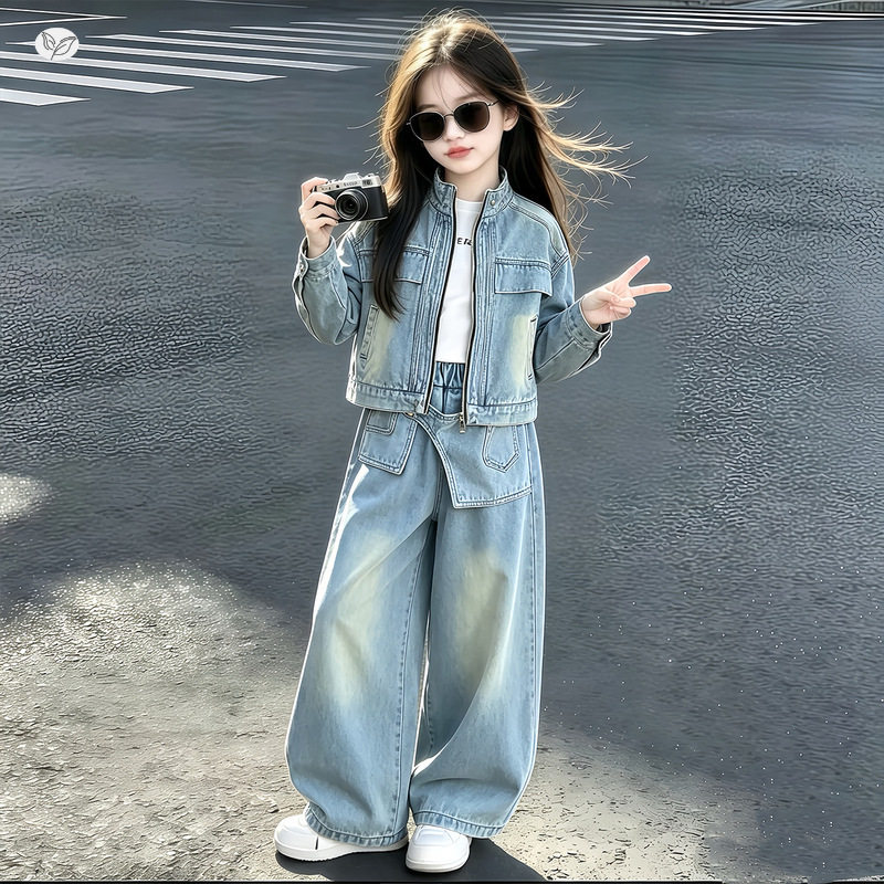 女童美式牛仔套装2026秋新款中大童短款立领外套屁帘阔腿裤两件套