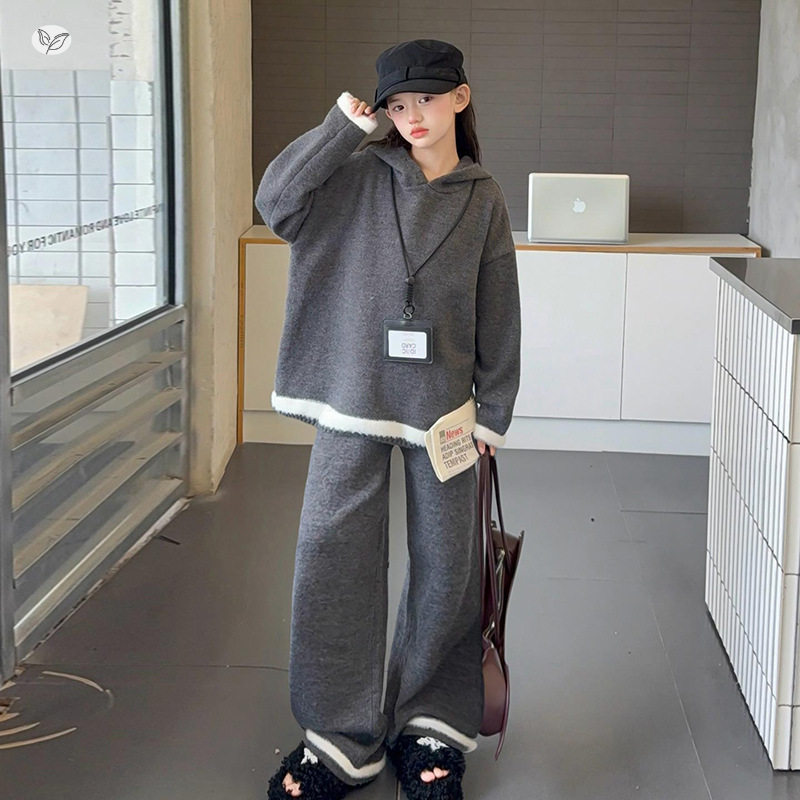 女童2026秋季新款加厚卫衣卫裤套装中大童针织衫连帽衫拖地阔腿裤