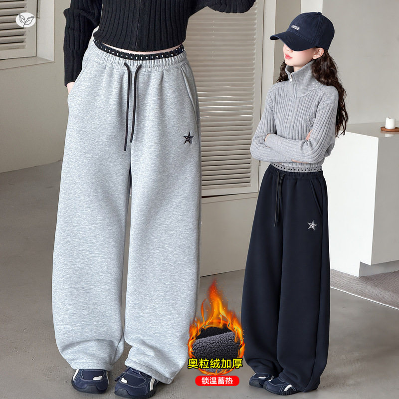 女童冬款2026韩版波点腰拼接五角星加绒绣花两穿卫裤加厚弯刀裤潮