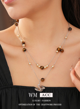 虎眼石圆形土星吊坠珍珠项链美拉德时尚复古锁骨链小众设计感饰品