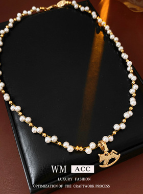 18k真金电镀珍珠小马吊坠项链新中式百搭锁骨链时尚复古百搭饰品