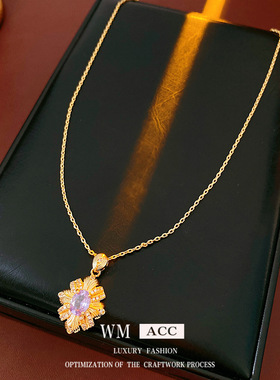 中古vintage锆石菱形吊坠项链时尚复古精致锁骨链轻奢感饰品