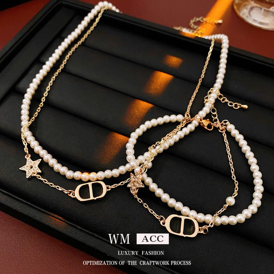 猪鼻子双层珍珠首饰套装百搭感时尚手链法式复古轻奢优雅项链