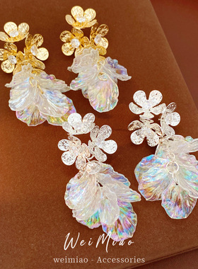 18k真金电镀银针镶锆石亚克力花朵耳钉度假风耳环轻奢高级感耳饰