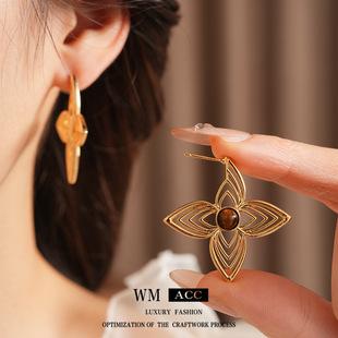 中古vintage虎眼石花朵耳环时尚 冷淡风耳饰 复古简约百搭耳钉个性