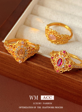 中古vintage锆石花朵椭圆戒指小众感食指戒复古宫廷风手饰女