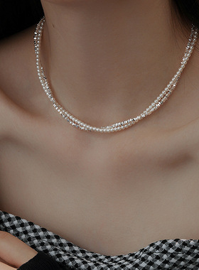 双层叠戴碎银子珍珠项链配饰女秋冬轻奢小众锁骨链高级感颈链饰品