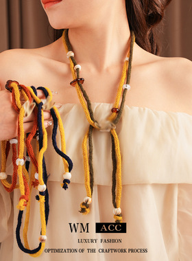 针织绳双层花朵土星吊坠项链时尚休闲毛衣链复古百搭饰品女感