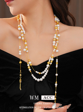 中古vintage水滴钥匙吊坠珍珠项链时尚百搭毛衣链复古宫廷风饰品