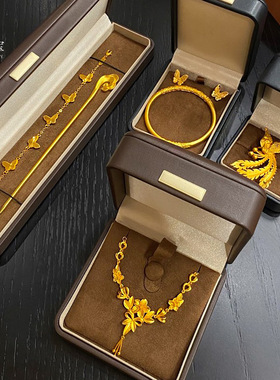 金店同款古法沙金三生花项链卷草纹手镯结婚仿三金婚嫁套链送女友